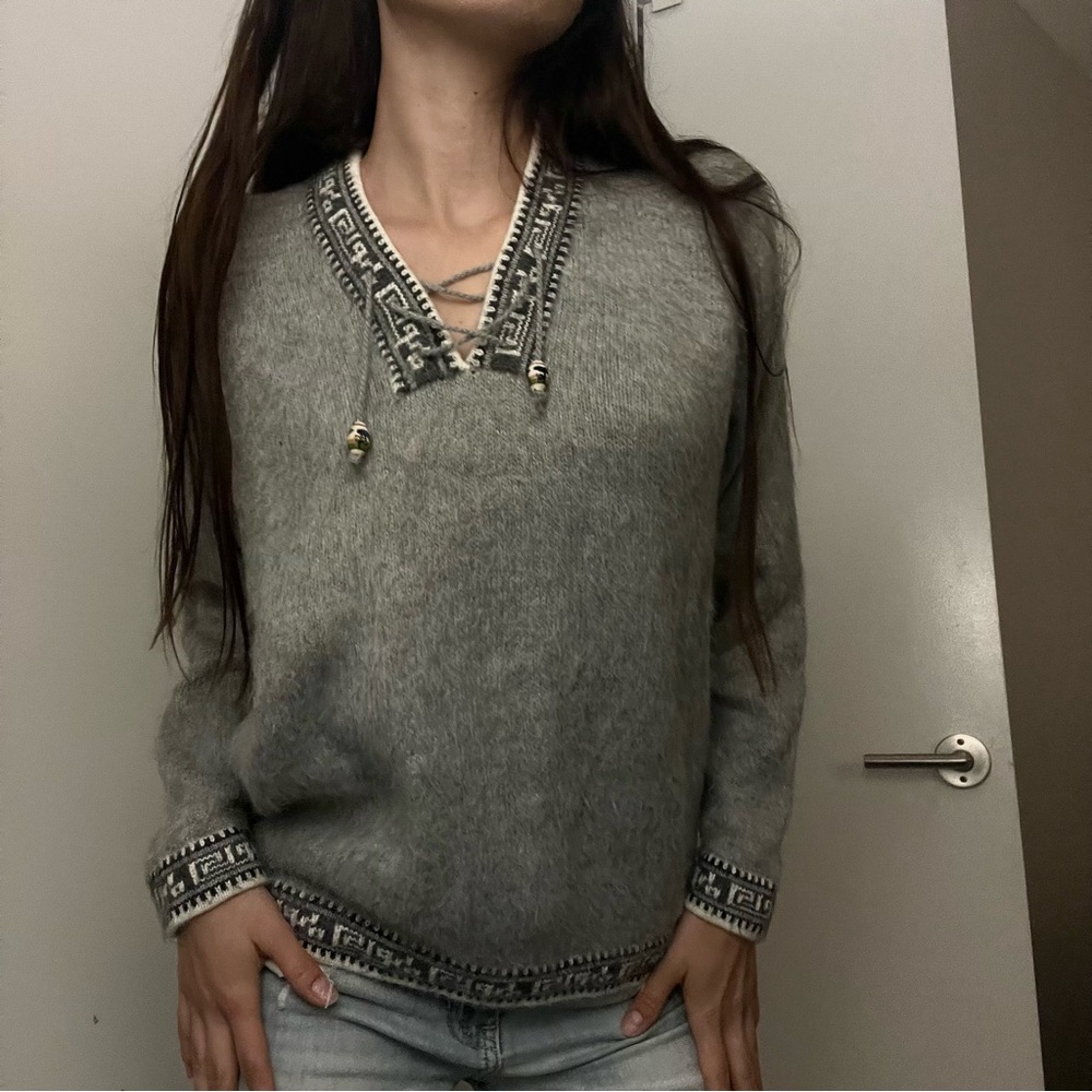 Gray Moher Knit Sweater with Patterned Trim